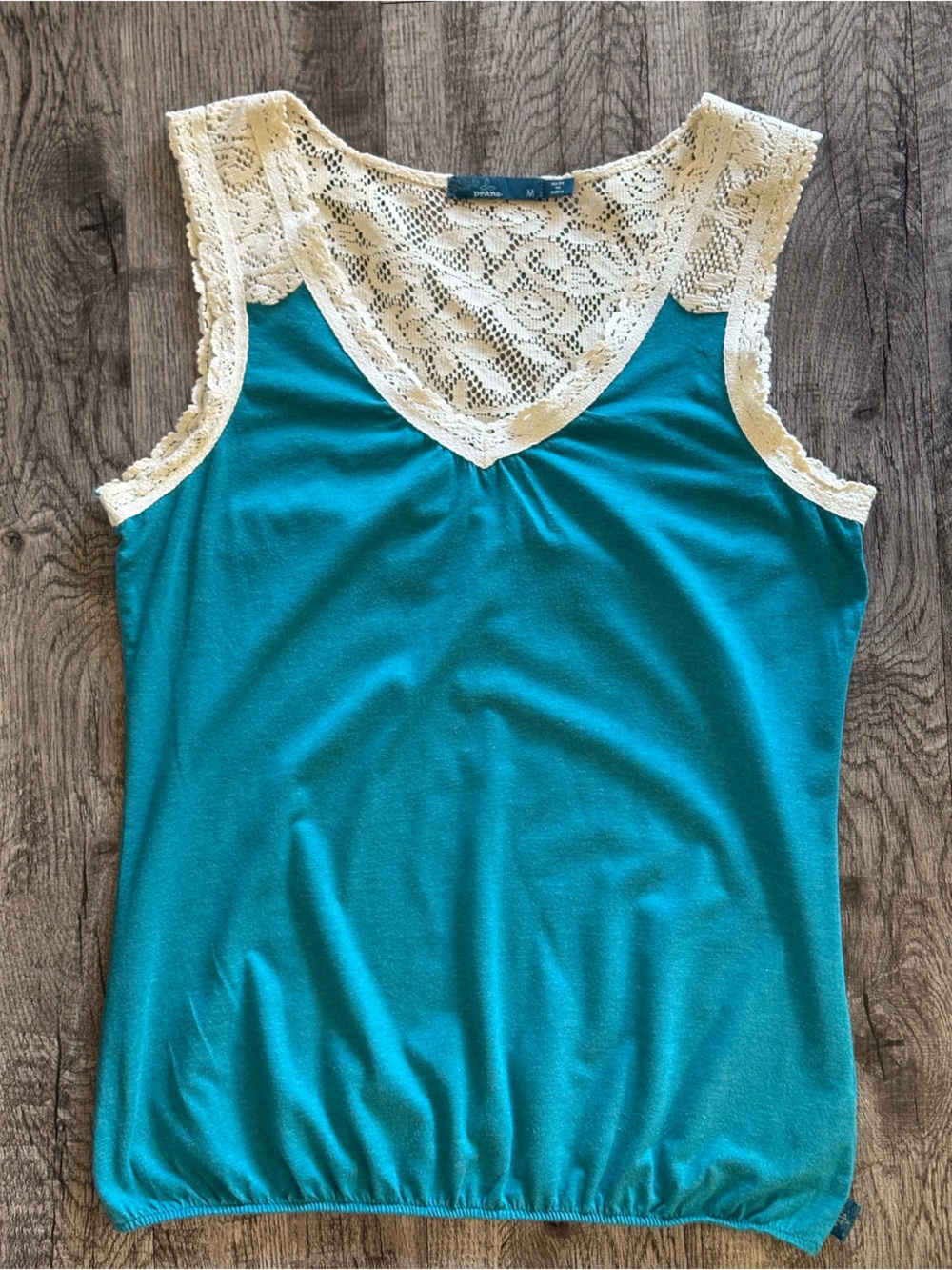 Prana Teal Tank with Cream Lace Trim